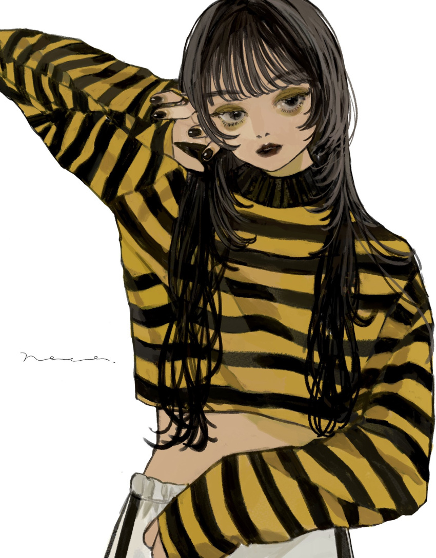1girl, animal_print, bangs, black_eyes, black_hair, black_lips, black_nails, commentary, cropped_sweater, darico, eyebrows_visible_through_hair, fingernails, grey_eyes, hand_on_own_face, hand_up, highres, horizontal_stripes, long_hair, long_sleeves, looking_at_viewer, makeup, mascara, midriff, nail_polish, nostrils, original, parted_lips, raglan_sleeves, shirt, signature, simple_background, sleeves_past_wrists, solo, standing, striped, striped_legwear, striped_sweater, sweater, symbol_commentary, turtleneck, very_long_hair, white_background, yellow_eyeshadow