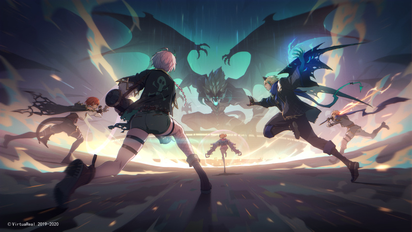 2boys, 3girls, absurdres, battle, blonde_hair, brown_eyes, brown_hair, cape