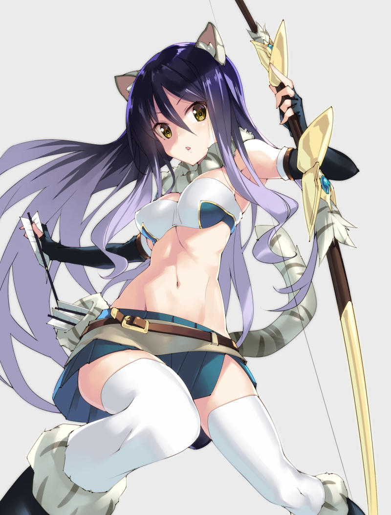 1girl, animal_ears, arrow_(projectile), belt, bikini, black_footwear, black_gloves, black_hair, boots, bow_(weapon), breasts, brown_belt, brown_eyes, cat_ears, cat_tail, commentary, elbow_gloves, fingerless_gloves, fur-trimmed_boots, fur_collar, fur_trim, gloves, green_skirt, holding, holding_arrow, holding_bow_(weapon), holding_weapon, kuro_work, long_hair, looking_at_viewer, medium_breasts, miniskirt, navel, parted_lips, pleated_skirt, princess_connect!, princess_connect!_re:dive, quiver, shiori_(princess_connect!), simple_background, skirt, solo, standing, swimsuit, tail, thigh-highs, very_long_hair, weapon, white_bikini, white_legwear