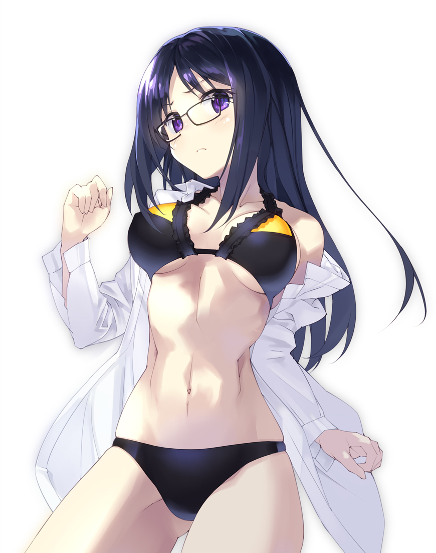 1girl, alice_gear_aegis, bangs, black-framed_eyewear, black_bra, black_hair, black_panties, bra, breasts, closed_mouth, commentary, cowboy_shot, dress_shirt, frilled_bra, frills, frown, glasses, kuro_work, light_blush, long_hair, long_sleeves, looking_at_viewer, medium_breasts, momoshina_fumika, navel, no_pants, off_shoulder, open_clothes, open_shirt, panties, shirt, simple_background, skindentation, solo, standing, underwear, undressing, violet_eyes, white_background, wing_collar