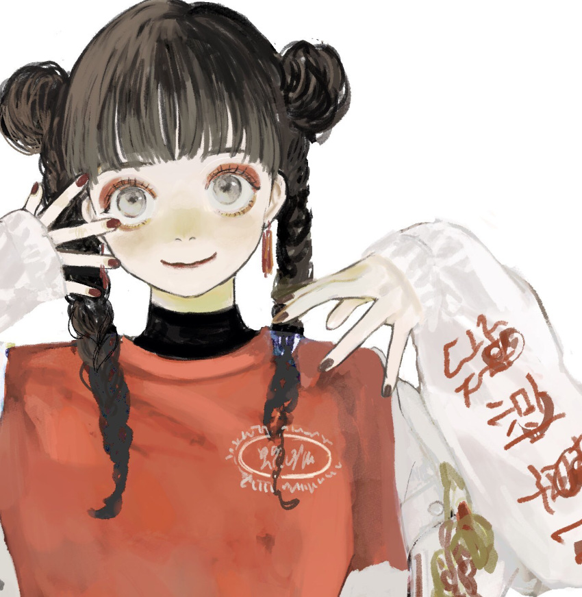 1girl, bangs, black_hair, blunt_bangs, blush, braid, closed_mouth, commentary_request