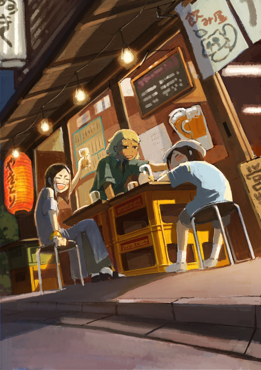 3girls, :d, ^_^, alcohol, asakusa_midori, bangs, bar, beer