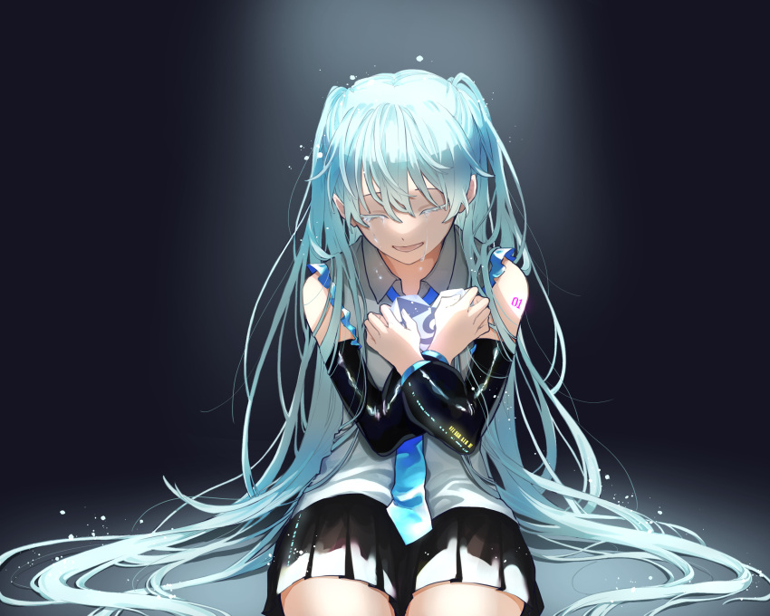 1girl, absurdres, aqua_hair, bare_shoulders, black_skirt, blue_neckwear, closed_eyes, clutching_chest