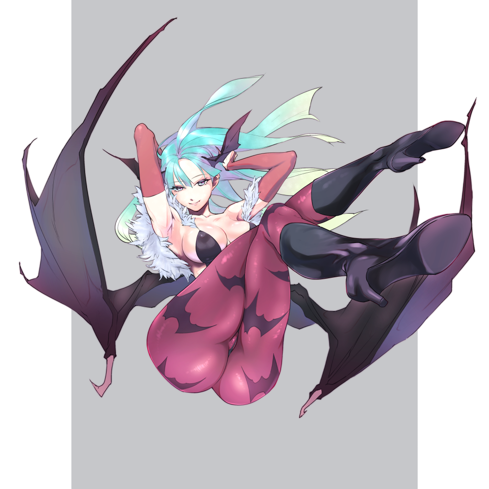 1girl, animal_print, arms_behind_head, bat_print, bat_wings, black_footwear, boots, bridal_gauntlets, commentary_request, crossed_legs, demon_girl, green_hair, head_wings, leotard, morrigan_aensland, ngra201, pantyhose, print_legwear, purple_legwear, purple_wings, smile, solo, succubus, vampire_(game), wings