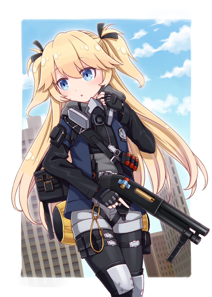 1girl, :o, bangs, black_gloves, black_legwear, black_ribbon, blonde_hair, blue_eyes