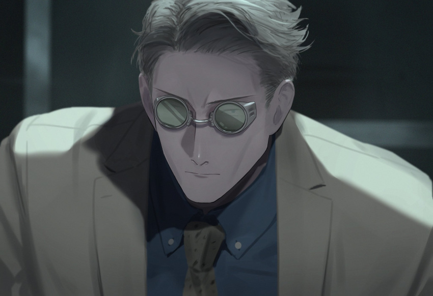 1boy, blonde_hair, blue_shirt, brown_jacket, brown_neckwear, brown_suit, closed_mouth, collared_shirt