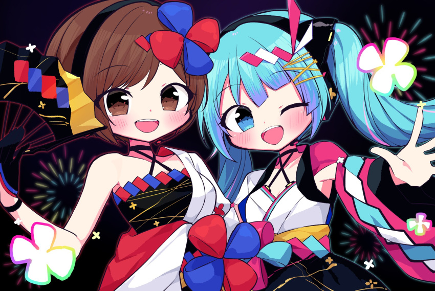 2girls, aqua_hair, bangs, bare_shoulders, black_background, blunt_bangs, blush, bow