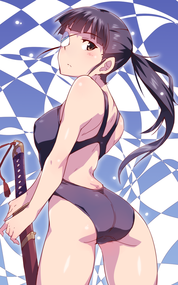 1girl, animal_ears, ass, back, back_cutout, bangs, black_hair, black_swimsuit