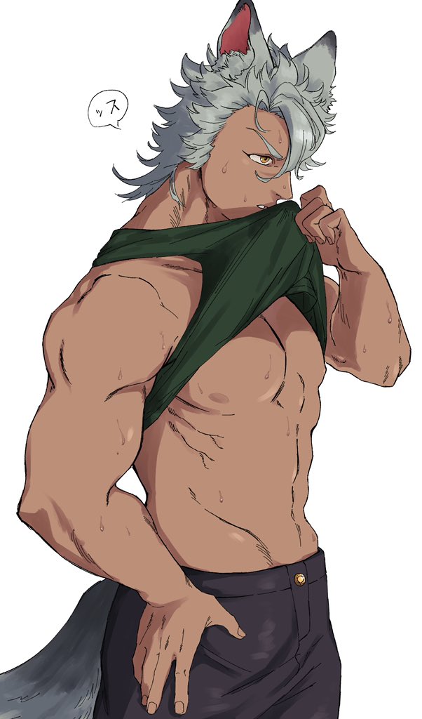 1boy, animal_ears, dark_skin, dark_skinned_male, groin, hair_between_eyes, hand_on_hip, jack_howl