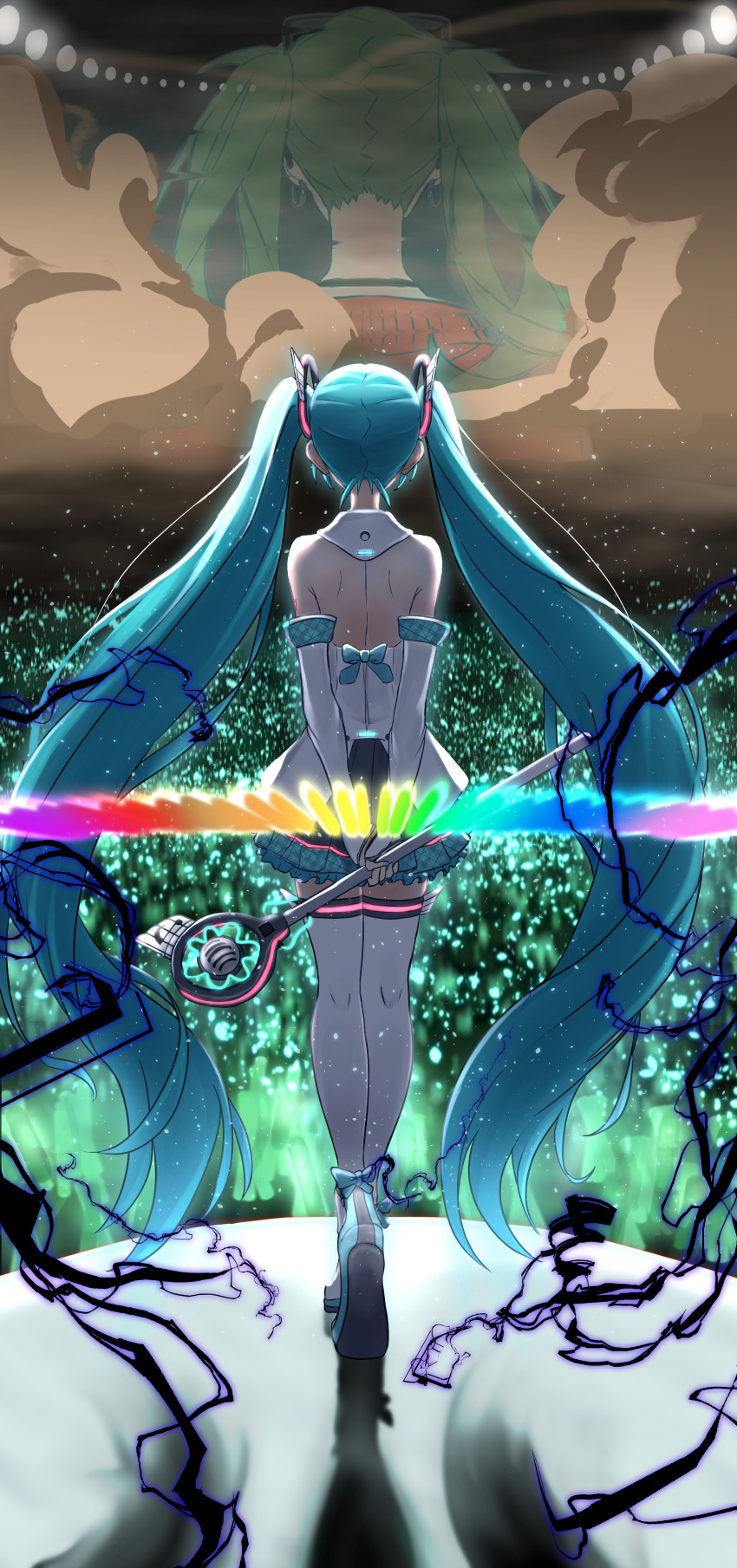 2girls, absurdres, aqua_eyes, aqua_hair, aqua_nails, arms_behind_back, audience, backless_dress