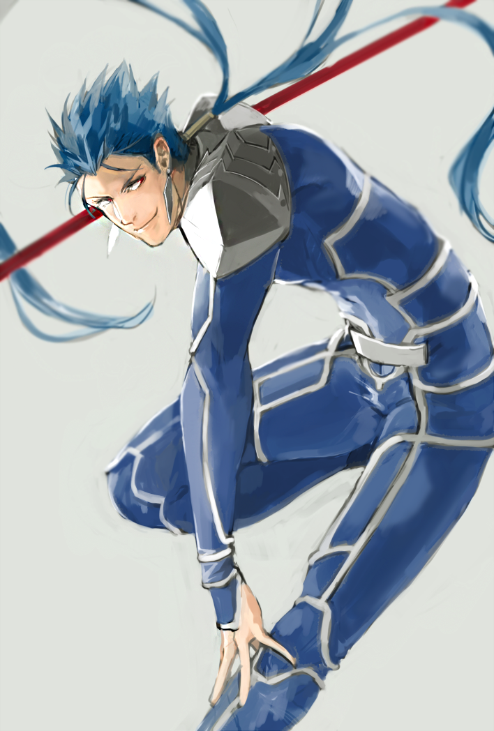 1boy, armor, beads, blue_hair, bodysuit, closed_mouth, cu_chulainn_(fate)_(all), earrings