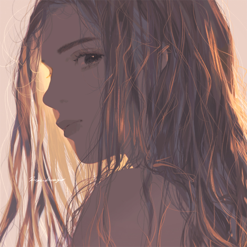 1girl, backlighting, bare_shoulders, beige_background, brown_eyes, brown_hair, close-up, closed_mouth, dark_skin, eyelashes, face, highres, kyuko2go, light, lips, long_hair, looking_at_viewer, looking_back, messy_hair, original, profile, signature, simple_background, solo, tareme, thick_eyebrows, thick_lips, upper_body