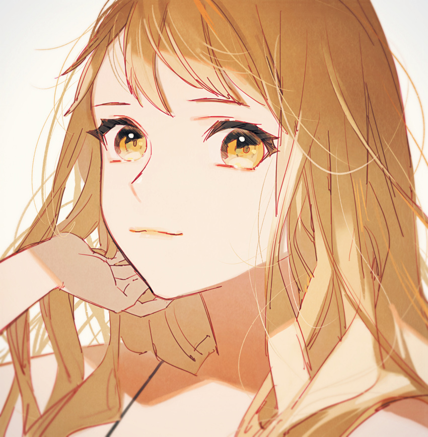 1girl, absurdres, bangs, bare_shoulders, beige_background, close-up, closed_mouth, eyelashes