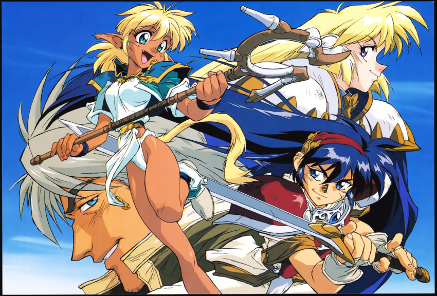 1990s_(style), 1boy, 3girls, aqua_eyes, armor, bangs, blue_eyes, border