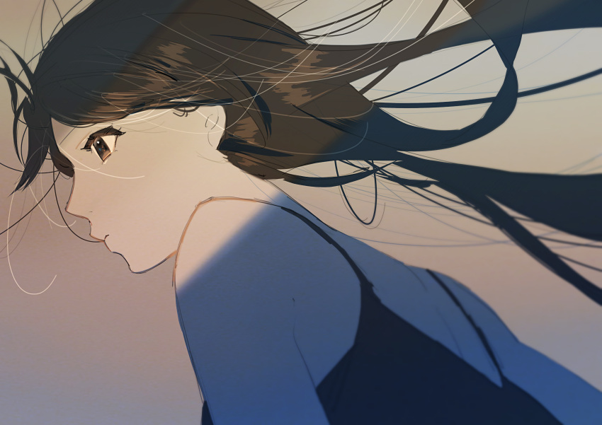 1girl, absurdres, arms_at_sides, back, bare_shoulders, beige_background, black_eyes, black_hair