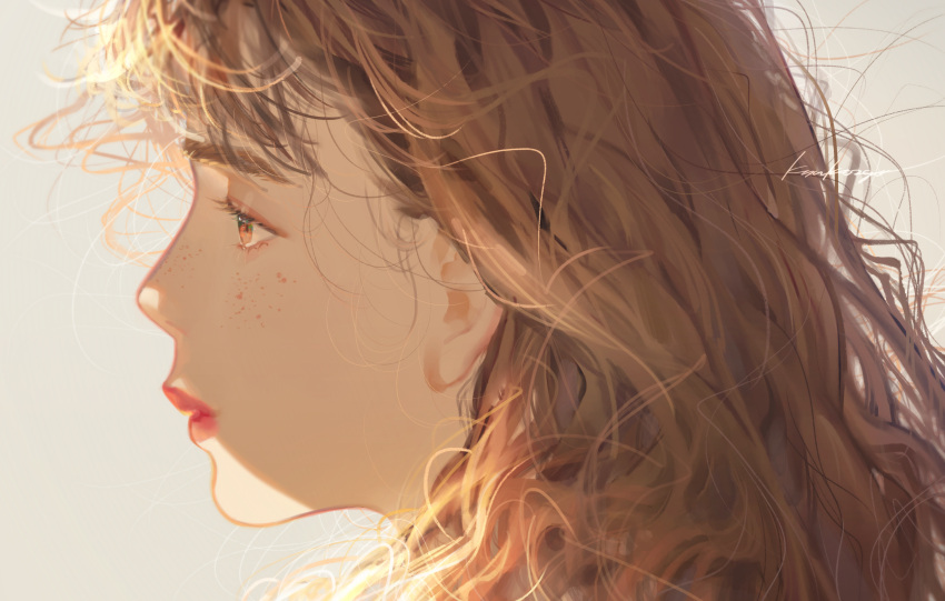1girl, absurdres, beige_background, brown_eyes, brown_hair, brown_outline, close-up, expressionless