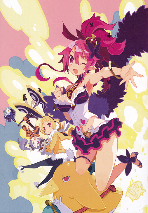 3girls, animal_ears, armpits, bangs, black_legwear, blonde_hair, bracelet, breasts, bright_pupils, bunny_tail, butterfly_hair_ornament, clenched_hand, crown, disgaea, fake_animal_ears, fake_tail, fang, frilled_skirt, frills, fur_trim, gloves, hair_ornament, harada_takehito, high_heels, holding, holding_wand, hood, hood_down, jewelry, large_breasts, long_sleeves, looking_at_viewer, majorita_(disgaea), makai_senki_disgaea_5, midriff, miniskirt, multiple_girls, navel, necktie, official_art, one_eye_closed, open_hand, open_mouth, open_toe_shoes, outstretched_arm, pantyhose, pink_hair, prinny, purple_hair, rabbit_ears, red_eyes, seraphina_(disgaea), short_hair, sidelocks, skirt, skull_hair_ornament, tail, thigh_strap, twintails, updo, upside-down, usalia_(disgaea), violet_eyes, wand, white_footwear