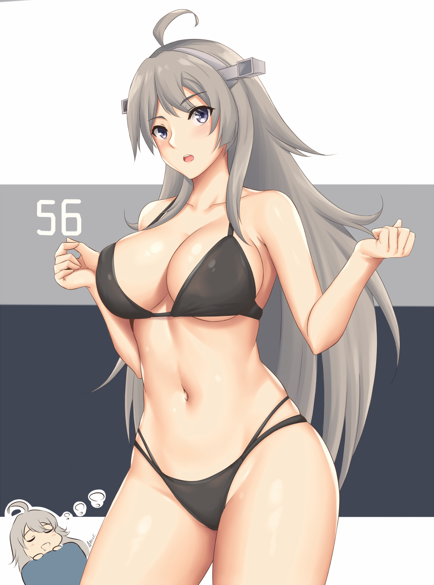 1girl, ahoge, arciealbano, bare_arms, bare_legs, bare_shoulders, bikini, black_bikini, breasts, collarbone, eyebrows_visible_through_hair, grey_eyes, groin, headgear, highres, kantai_collection, large_breasts, long_hair, navel, open_mouth, silver_hair, solo, swimsuit, washington_(kantai_collection)