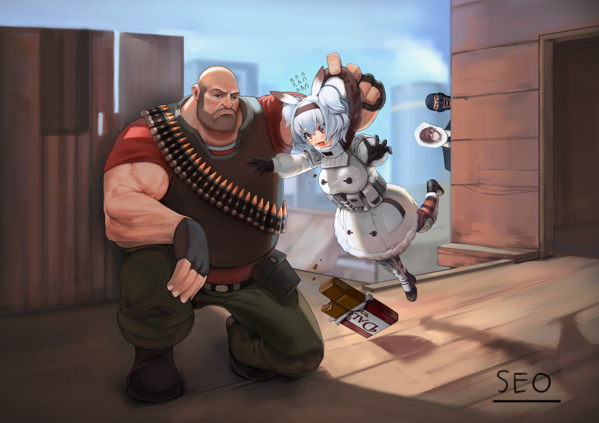 1girl, 3boys, bald, bangs, black_gloves, breasts, candy, candy_bar, caught, chocolate, chocolate_bar, clothes_grab, crossover, eyebrows_visible_through_hair, food, food_on_face, frown, full_body, fur_jacket, gloves, grabbing, hair_between_eyes, hairband, highres, last_origin, leona_of_blood_&amp;_iron, multiple_boys, open_mouth, oppai_loli, red_eyes, seo_(tqhgud016), short_twintails, t-13_alvis, team_fortress_2, the_heavy, the_spy, twintails, two_side_up, white_hair