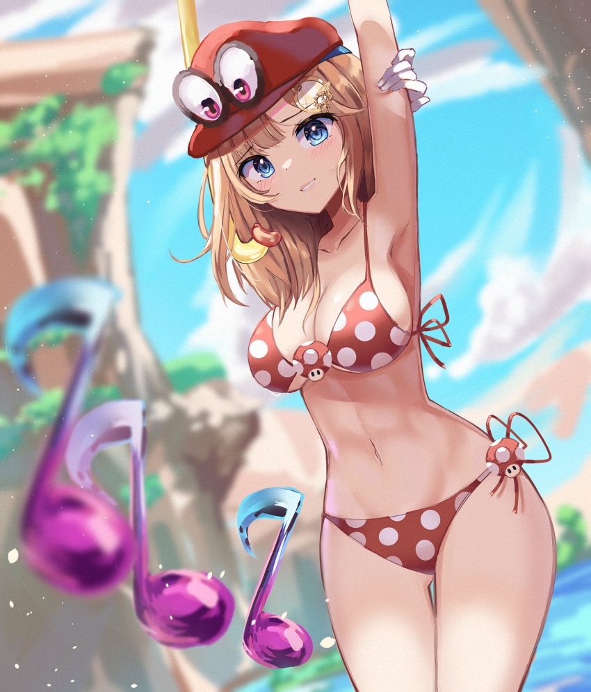 1girl, arm_behind_head, arm_up, bangs, bikini, blonde_hair, blue_eyes, blush