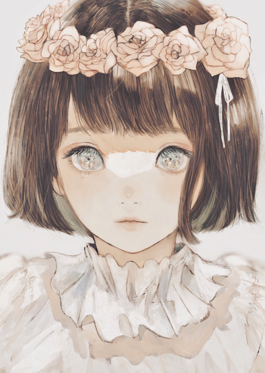 1girl, bangs, blue_eyes, blunt_bangs, bob_cut, brown_hair, child, close-up