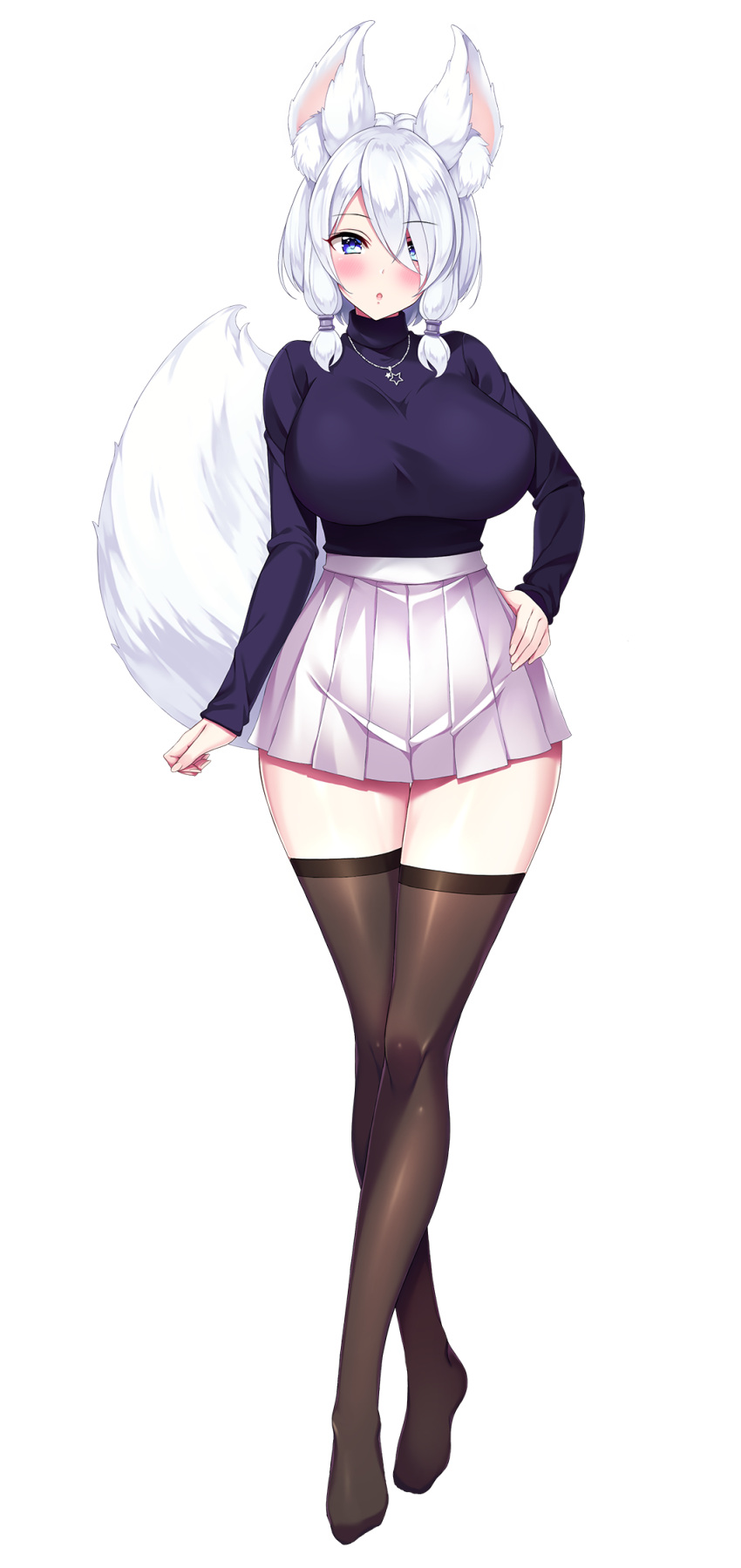 1girl, animal_ear_fluff, animal_ears, black_legwear, blue_eyes, blush, breasts, crossed_legs, eyebrows_visible_through_hair, fox_ears, fox_tail, full_body, hair_over_one_eye, hand_on_hip, high-waist_skirt, highres, huge_breasts, jewel_(the_black_canvas), jewelry, long_sleeves, looking_at_viewer, lulu_(one_shota_one), necklace, one_shota_one, parted_lips, pleated_skirt, sidelocks, simple_background, skirt, solo, standing, sweater, tachi-e, tail, thigh-highs, transparent_background, turtleneck, turtleneck_sweater, white_hair, zettai_ryouiki