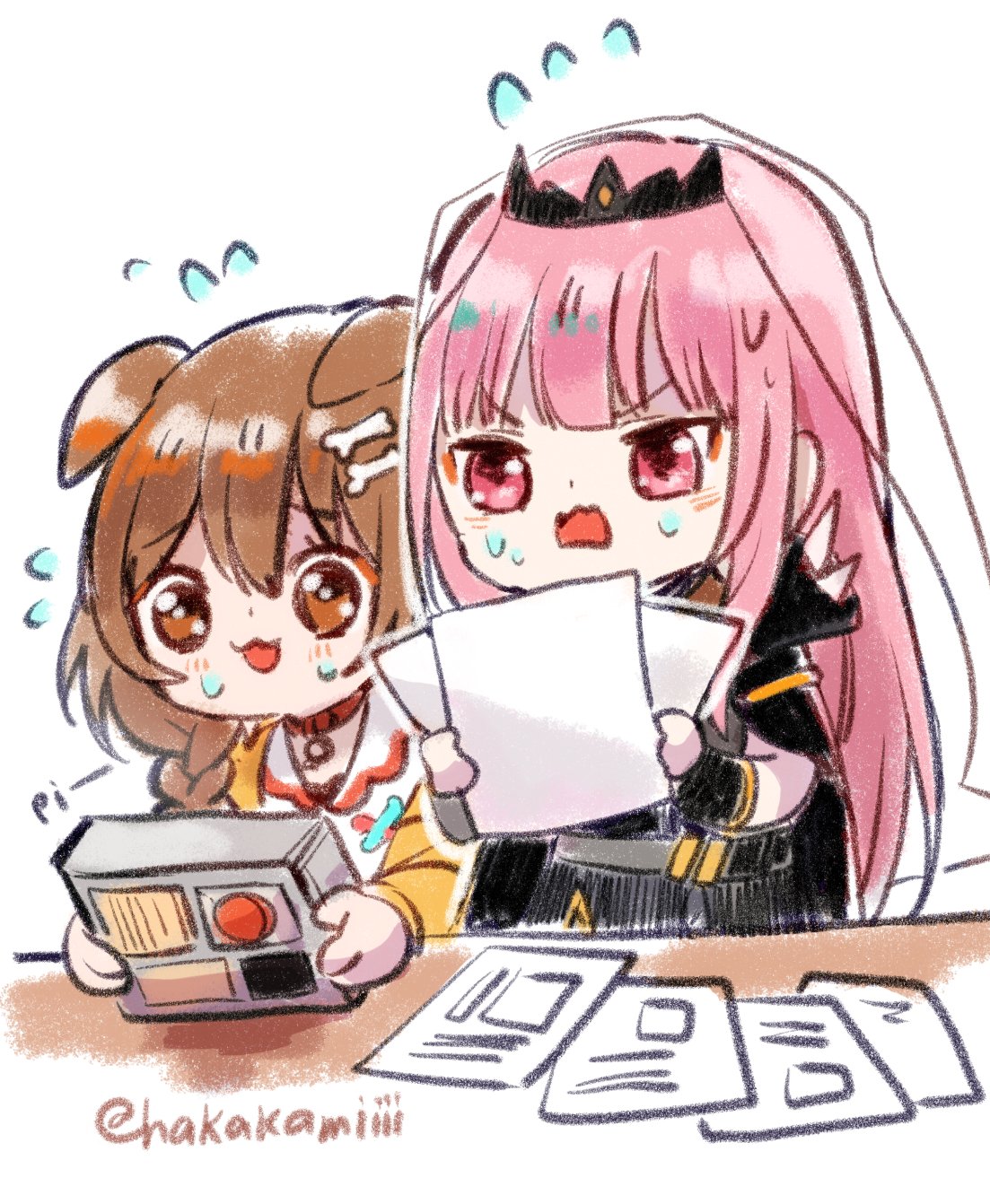 2girls, animal_ears, black_cloak, black_dress, blush, bone_hair_ornament, braid, brown_eyes