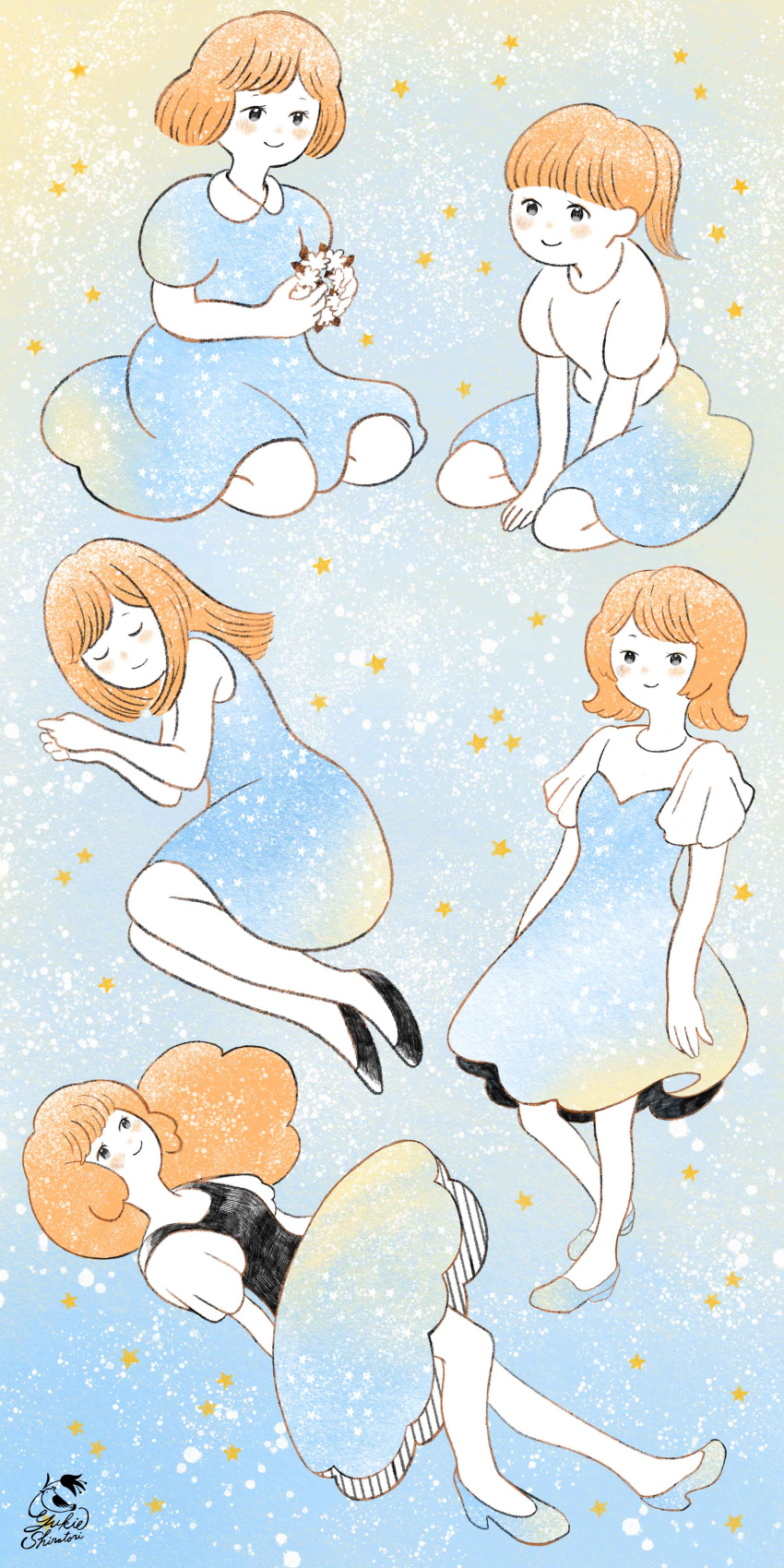 1girl, absurdres, bangs, black_eyes, black_footwear, blue_dress, blue_footwear, blunt_bangs