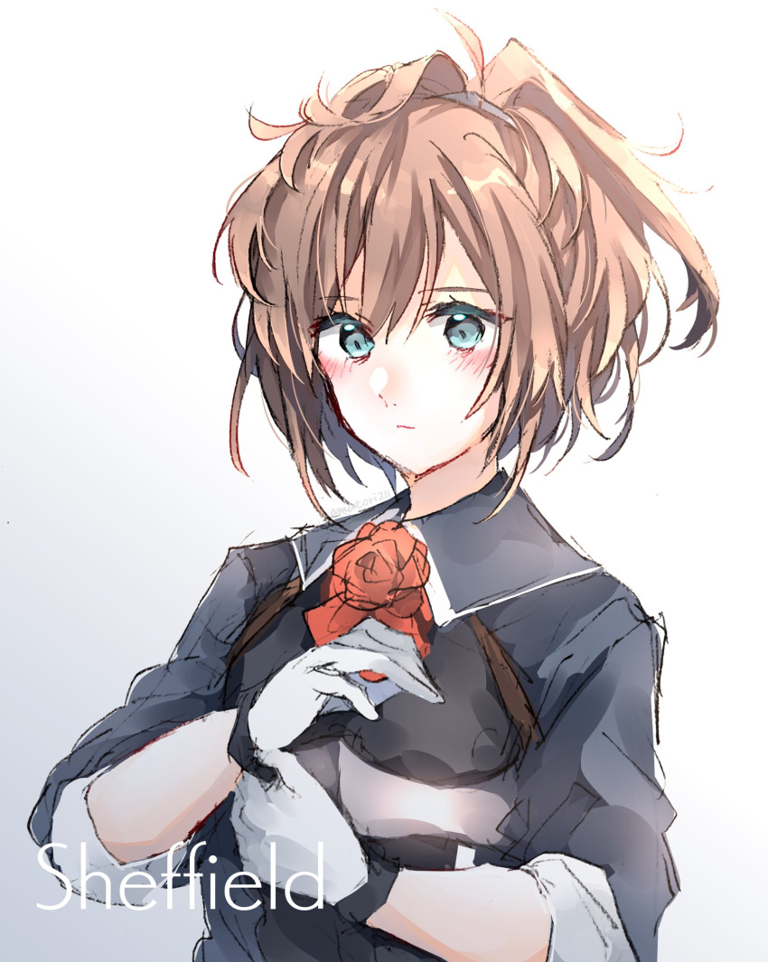 1girl, amot_211, ascot, brown_hair, character_name, commentary_request, flower, gloves