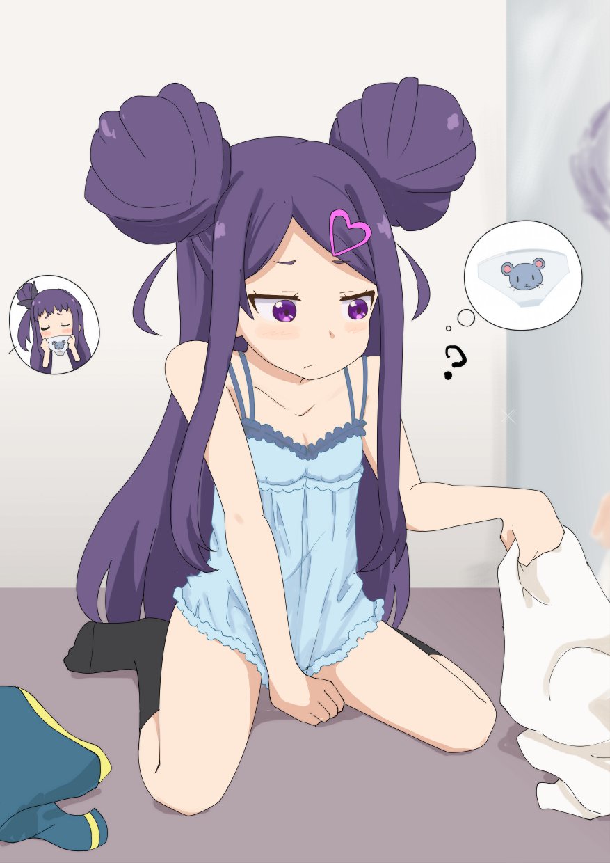 1girl, 2girls, ?, black_legwear, closed_eyes, double_bun, female_pervert, gobanme_no_mayoi_neko, hair_bun, hair_ornament, heart, heart_hair_ornament, highres, kneehighs, lingerie, long_hair, mouse_print, multiple_girls, negligee, ochikobore_fruit_tart, pervert, purple_hair, sekino_chiko, sekino_roko, siblings, sisters, sitting, smelling, solo, underwear, violet_eyes, wariza