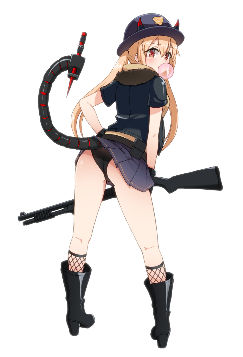 1girl, ass, black_panties, blonde_hair, blush, bomber_jacket, boots, breasts, bubble_blowing, girls_frontline, gun, hat, highres, horns, jacket, long_hair, m870_(girls_frontline), mechanical_tail, panties, pantyshot, pleated_skirt, red_eyes, remington_870, remington_arms, s1145, short_sleeves, shotgun, skirt, solo, tail, twintails, underwear, weapon