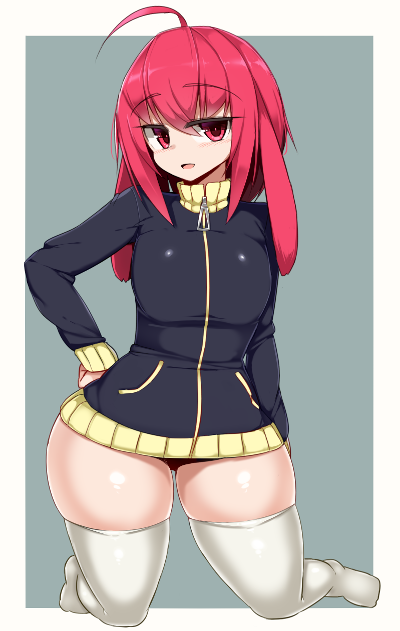 ahoge, animal_ears, commentary_request, flat_chest, hand_on_hip, highres, hinoko_(sawati), jacket
