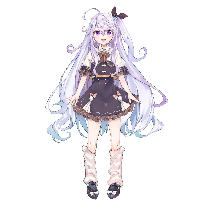 1girl, absurdres, ahoge, blush, character_request, commentary_request, copyright_request, full_body, hair_between_eyes, hair_ribbon, highres, long_hair, nana_kagura, official_art, open_mouth, purple_hair, ribbon, socks, solo, standing, violet_eyes, virtual_youtuber, white_background