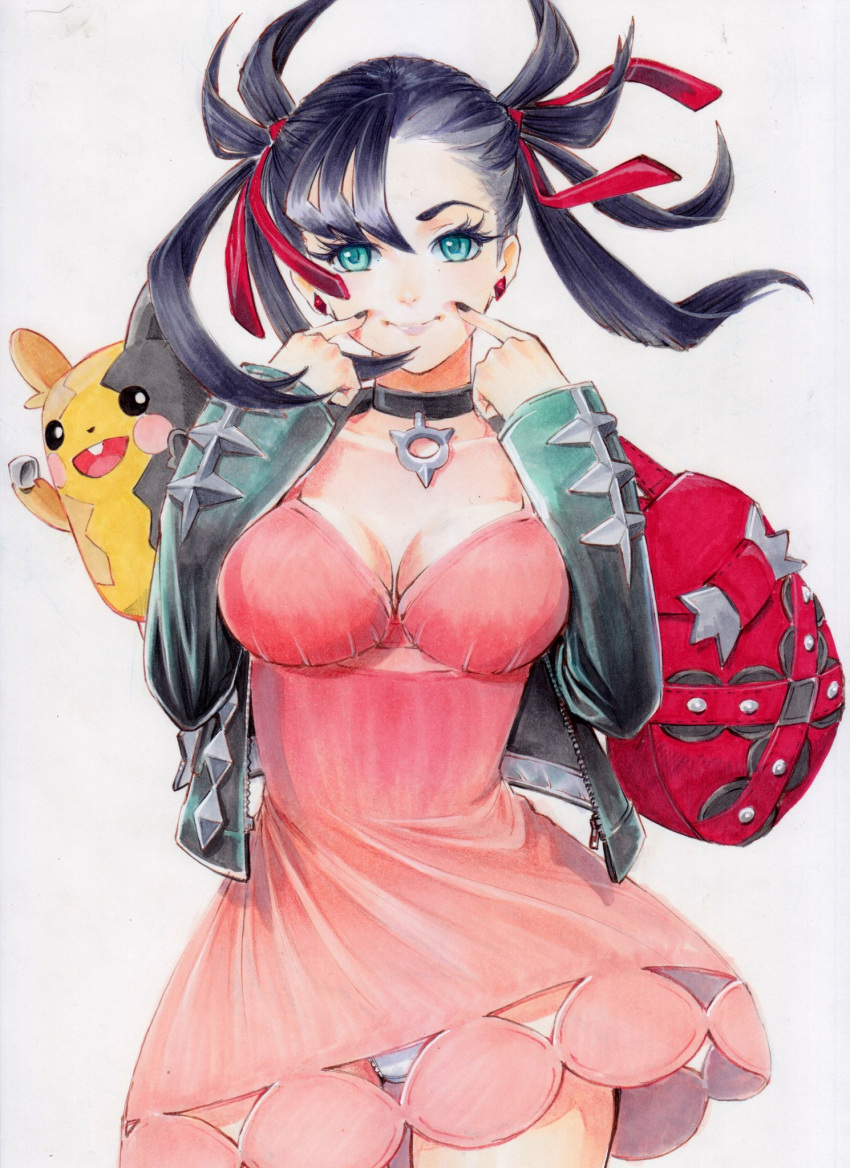 1girl, aqua_eyes, backpack, bag, bangs, black_hair, black_jacket, black_nails, breasts, closed_mouth, collar, collarbone, commentary, dress, earrings, fingernails, gen_8_pokemon, hands_up, highres, jacket, jewelry, lips, long_sleeves, marnie_(pokemon), medium_breasts, morpeko, morpeko_(full), nail_polish, panties, pokemon, pokemon_(creature), pokemon_(game), pokemon_swsh, rodrigo_yoshimiya, short_dress, simple_background, smile, tied_hair, twintails, underwear, white_background, white_panties