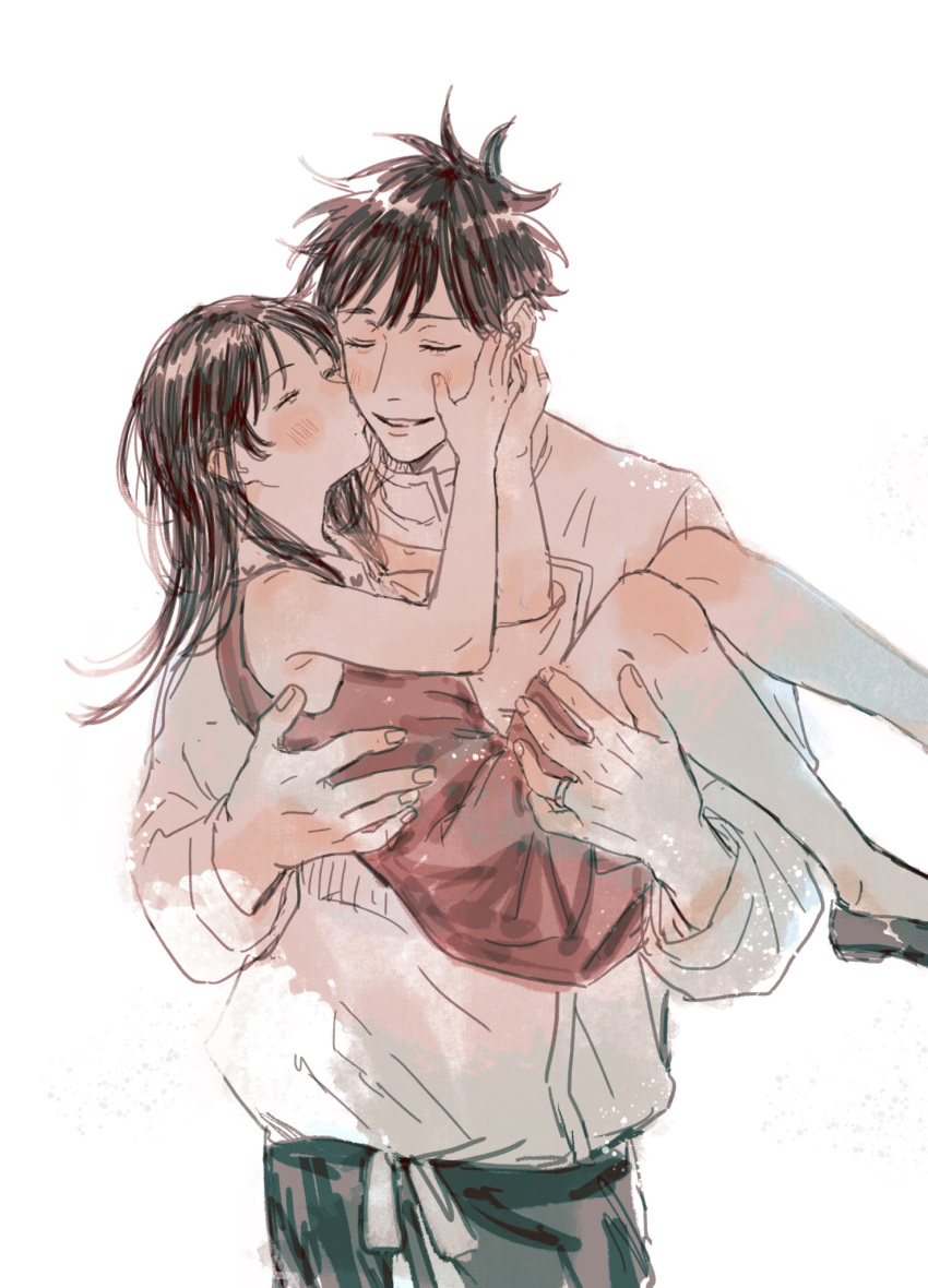 1boy, 1girl, black_hair, blush, carrying, cheek_kiss, closed_eyes, commentary