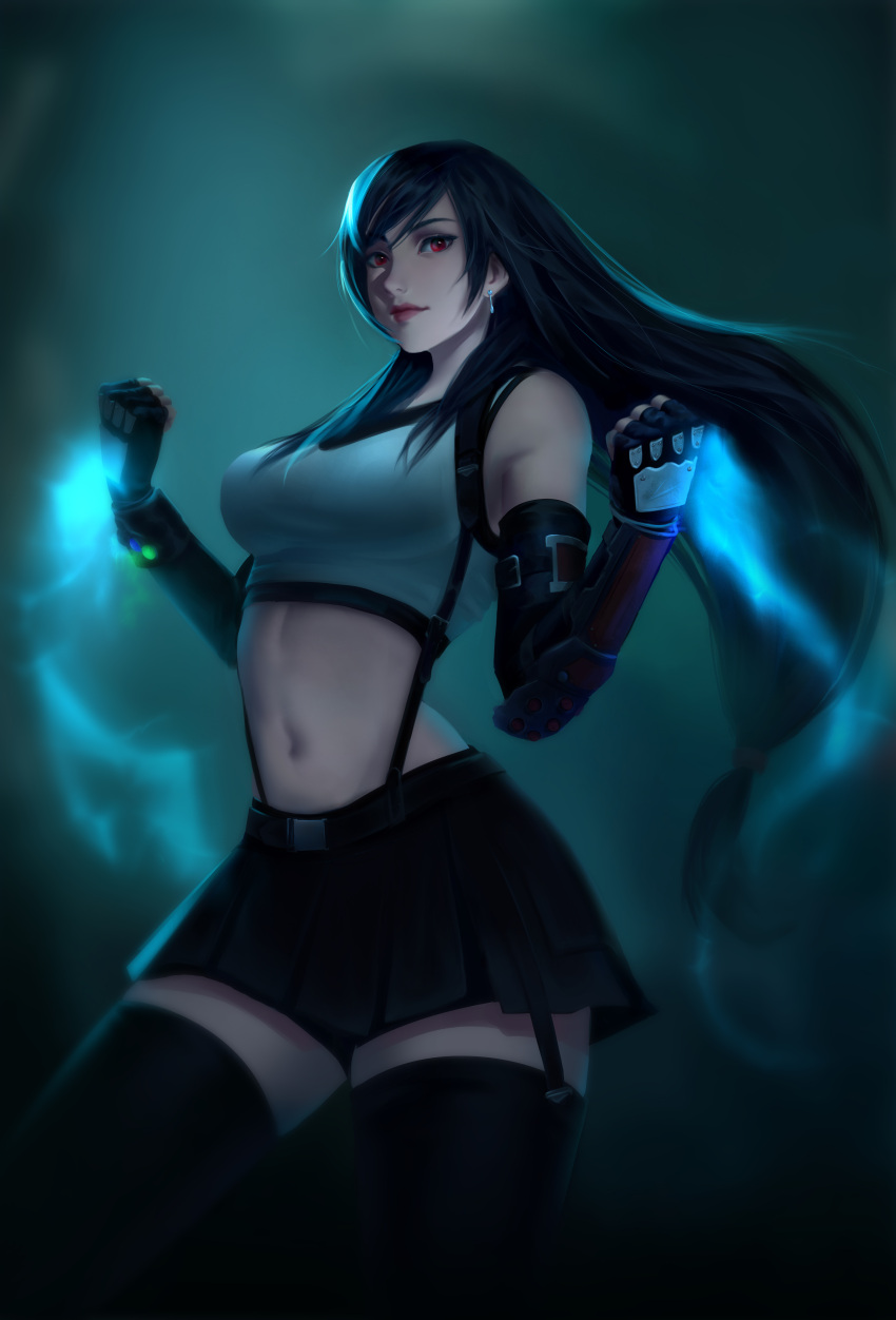 1girl, absurdres, black_gloves, black_hair, black_skirt, breasts, clenched_hands, elbow_gloves