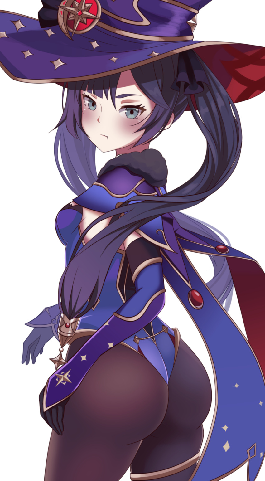 1girl, :t, absurdres, aqua_eyes, ass, black_legwear, blue_headwear, blue_leotard, blush, breasts, cape, choker, from_side, fur_trim, genshin_impact, gloves, hair_ornament, hair_ribbon, half-closed_eyes, hat, hh_101, highres, leotard, looking_at_viewer, mona_(genshin_impact), pout, purple_hair, ribbon, simple_background, solo, twintails, white_background, witch_hat