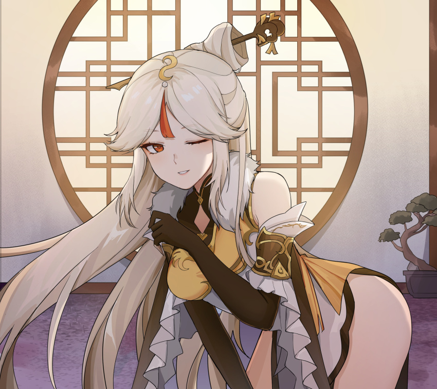 1girl, ;d, bangs, bare_shoulders, bent_over, bonsai, china_dress, chinese_clothes, dress, elbow_gloves, frilled_sleeves, frills, genshin_impact, gloves, hair_ornament, highres, long_hair, looking_at_viewer, mugripley, ningguang, one_eye_closed, open_mouth, parted_bangs, red_eyes, smile, solo, white_hair