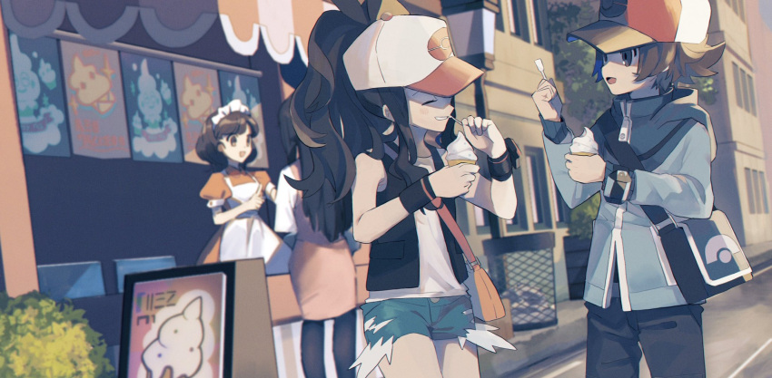 1boy, 3girls, apron, bag, baseball_cap, black_vest, black_wristband, brown_eyes