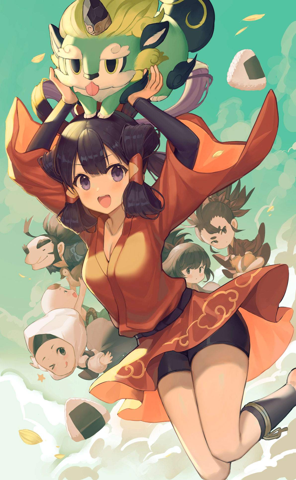 2boys, 4girls, :d, arms_up, bangs, bike_shorts, black_hair, black_shorts