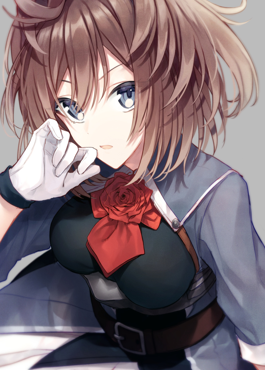 1girl, absurdres, ascot, blue_eyes, brown_hair, chobo_ume, flower, gloves