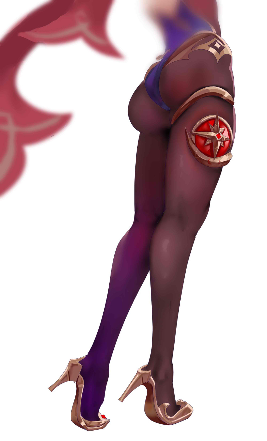 1girl, absurdres, ass, black_legwear, blue_leotard, blurry, cape, genshin_impact