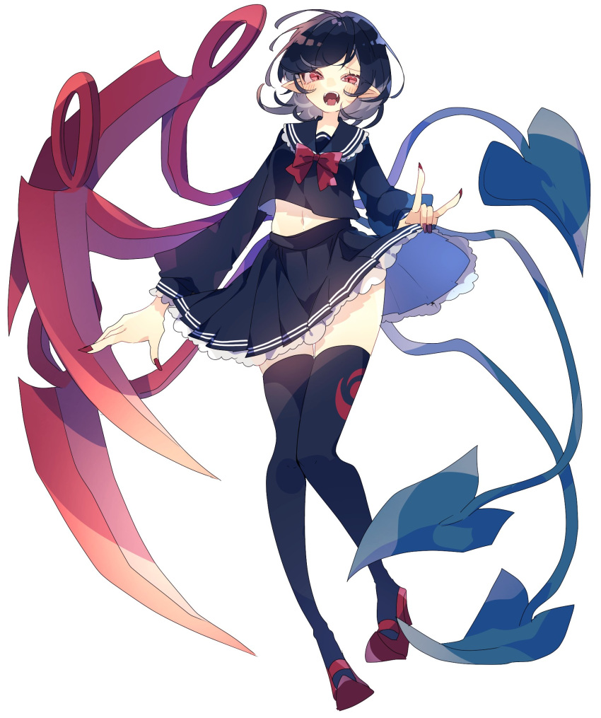 1girl, \m/, alternate_costume, asymmetrical_wings, black_hair, black_legwear, black_sailor_collar, black_serafuku