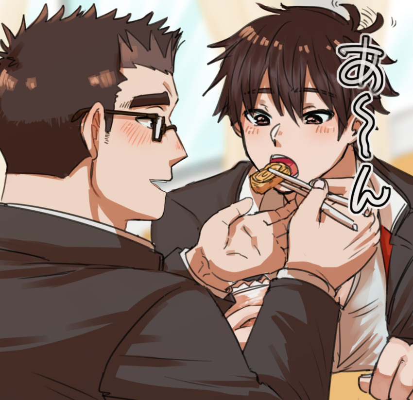 2boys, bangs, black_hair, black_jacket, blush, brown_eyes, brown_hair, chopsticks
