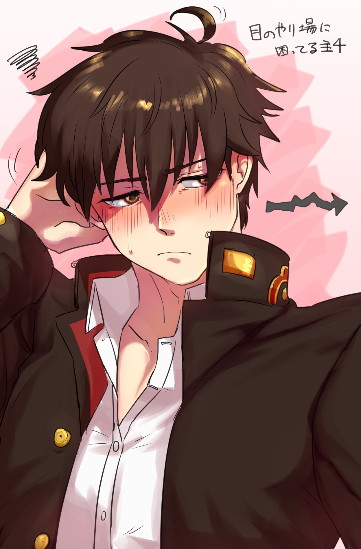 1boy, bangs, black_jacket, blush, brown_eyes, brown_hair, close-up, collared_shirt