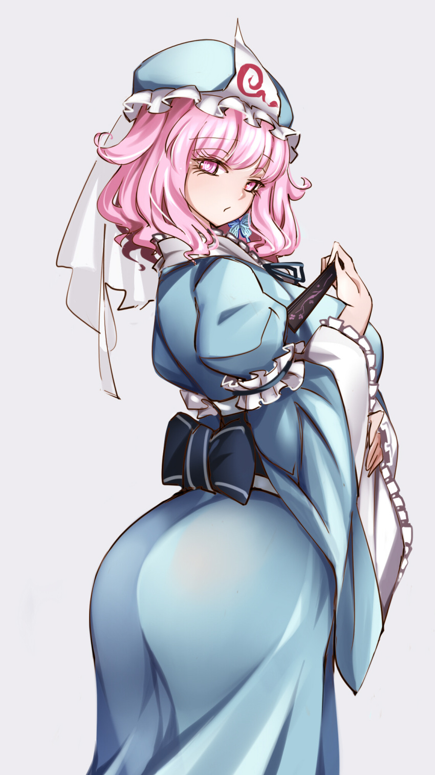 1girl, :o, arched_back, ass, back_bow, blue_bow, blue_headwear, blue_kimono, bow, breasts, butterfly_earrings, closed_fan, cowboy_shot, earrings, eyebrows_visible_through_hair, eyelashes, fan, folding_fan, frills, grey_background, hand_on_own_stomach, hat, head_tilt, highres, holding, holding_fan, japanese_clothes, jewelry, juliet_sleeves, kimono, large_breasts, long_sleeves, looking_at_viewer, looking_back, medium_hair, mob_cap, pink_eyes, pink_hair, puffy_sleeves, raptor7, saigyouji_yuyuko, simple_background, solo, standing, symbol_commentary, touhou, triangular_headpiece, wavy_hair, wide_sleeves