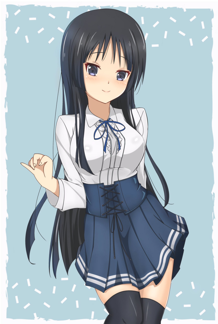 akiyama_mio, bangs, black_hair, black_legwear, blue_eyes, blue_ribbon, blue_skirt, blush