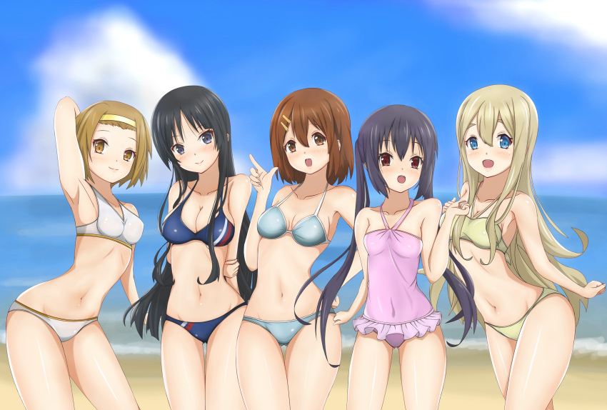 akiyama_mio, arm_up, armpits, arms_behind_back, bangs, beach, bikini, black_hair