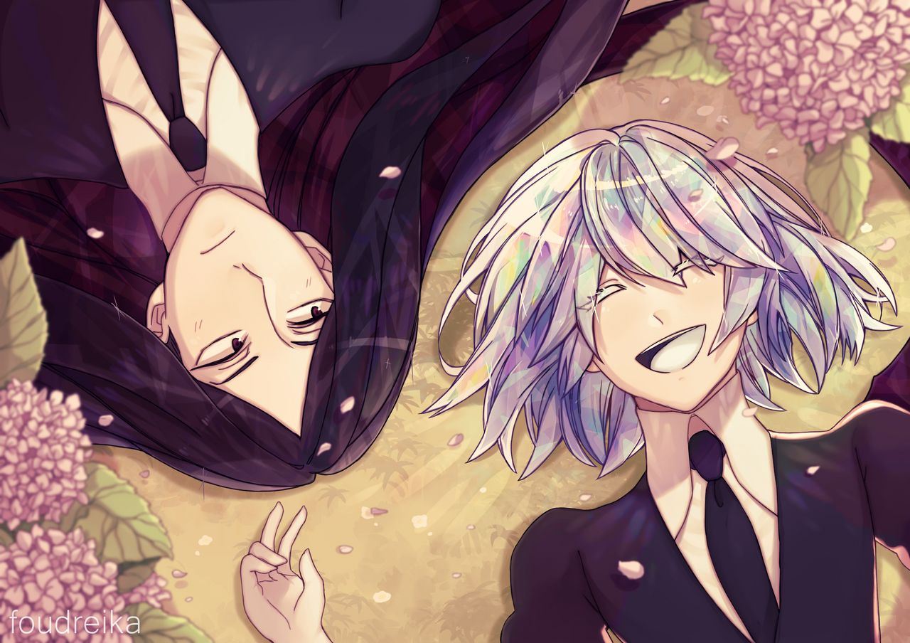 2others, androgynous, black_eyes, black_hair, black_neckwear, bob_cut, bort, closed_eyes, crystal_hair, diamond_(houseki_no_kuni), flower, foudreika, gem_uniform_(houseki_no_kuni), houseki_no_kuni, lying, multicolored_hair, multiple_others, necktie, open_mouth, smile