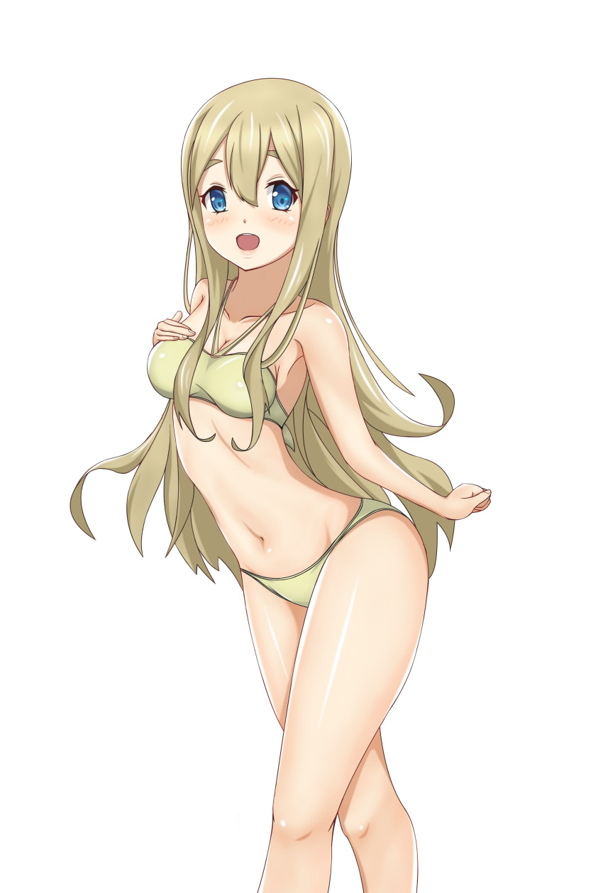 absurdres, bikini, blonde_hair, blue_eyes, blush, breasts, eyebrows, hand_on_own_chest